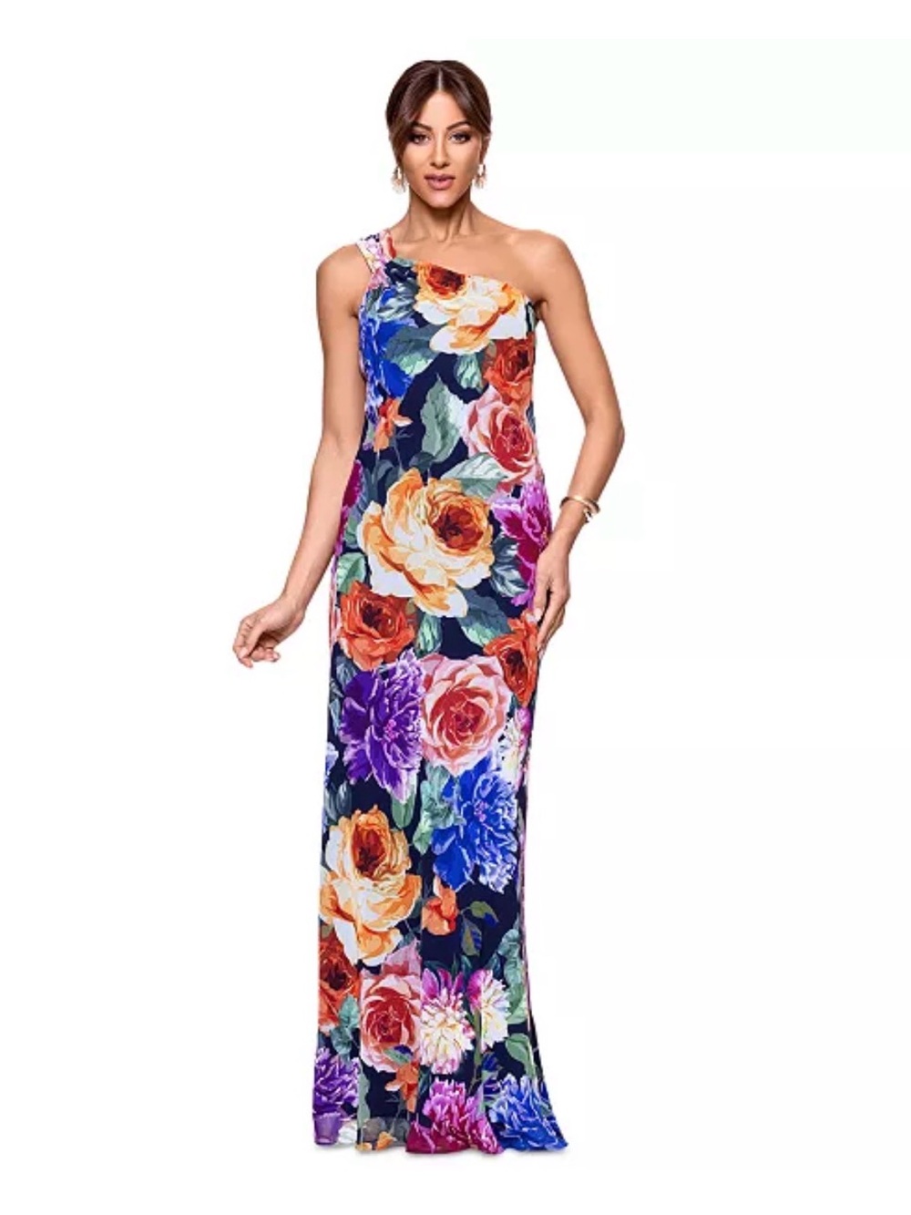 XSCAPE Women's One-Shoulder Floral Chiffon Dress NWT